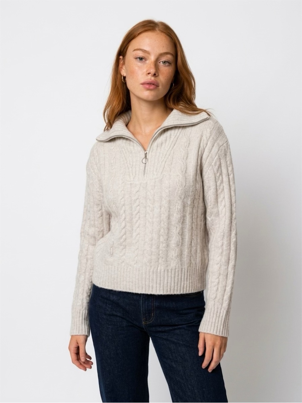 Sincerely Jules Cream Cable-Knit Quarter Zip Sweater